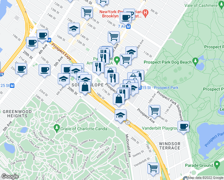 map of restaurants, bars, coffee shops, grocery stores, and more near 1663 8th Avenue in Brooklyn