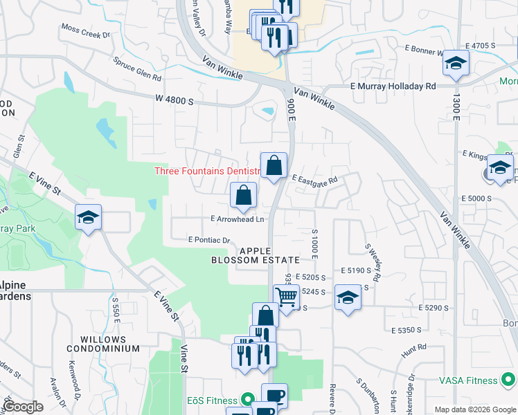 map of restaurants, bars, coffee shops, grocery stores, and more near 875 East Arrowhead Lane in Murray