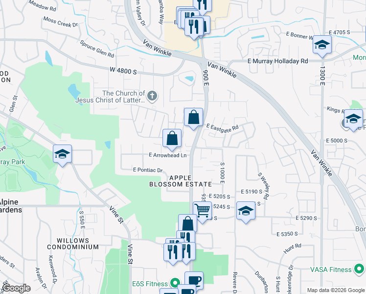 map of restaurants, bars, coffee shops, grocery stores, and more near 875 East Arrowhead Lane in Murray
