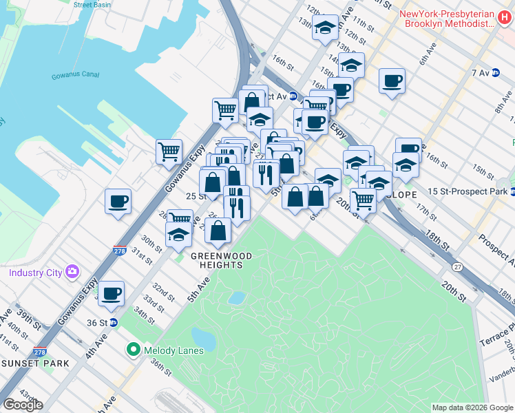 map of restaurants, bars, coffee shops, grocery stores, and more near 229 23rd Street in Brooklyn