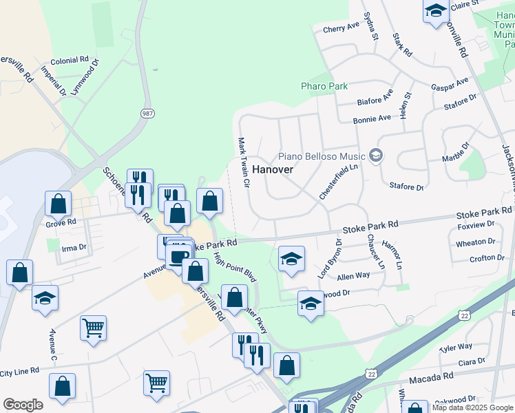 map of restaurants, bars, coffee shops, grocery stores, and more near 1847 Mark Twain Circle in Bethlehem