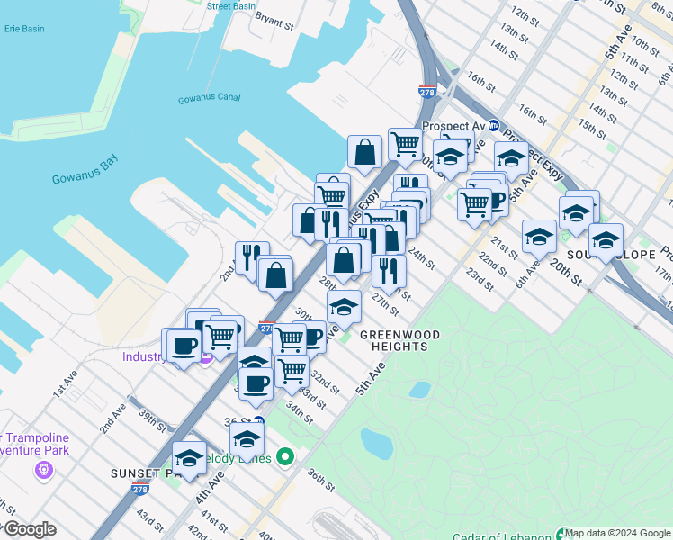 map of restaurants, bars, coffee shops, grocery stores, and more near 162 27th Street in Brooklyn