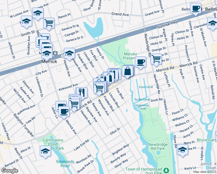 map of restaurants, bars, coffee shops, grocery stores, and more near 2441 Fox Boulevard in Merrick