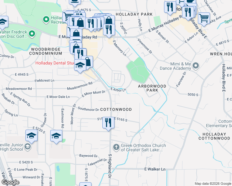 map of restaurants, bars, coffee shops, grocery stores, and more near 2000 East Arbor Lane in Holladay