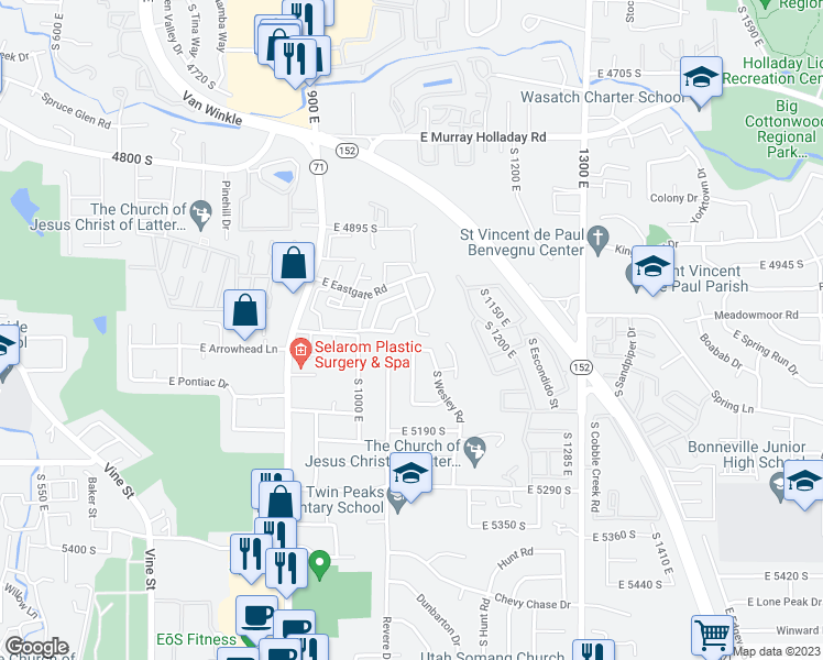 map of restaurants, bars, coffee shops, grocery stores, and more near 4999 South Beaverbrook Lane in Salt Lake City