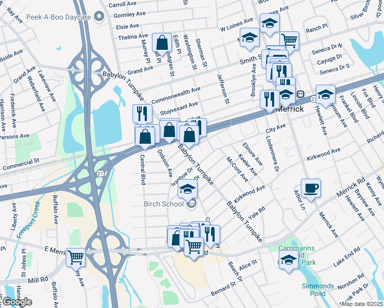 map of restaurants, bars, coffee shops, grocery stores, and more near 2273 Babylon Turnpike in Merrick