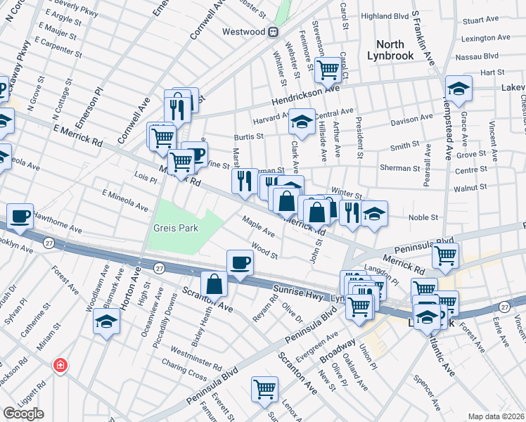 map of restaurants, bars, coffee shops, grocery stores, and more near 8 Taft Avenue in Lynbrook