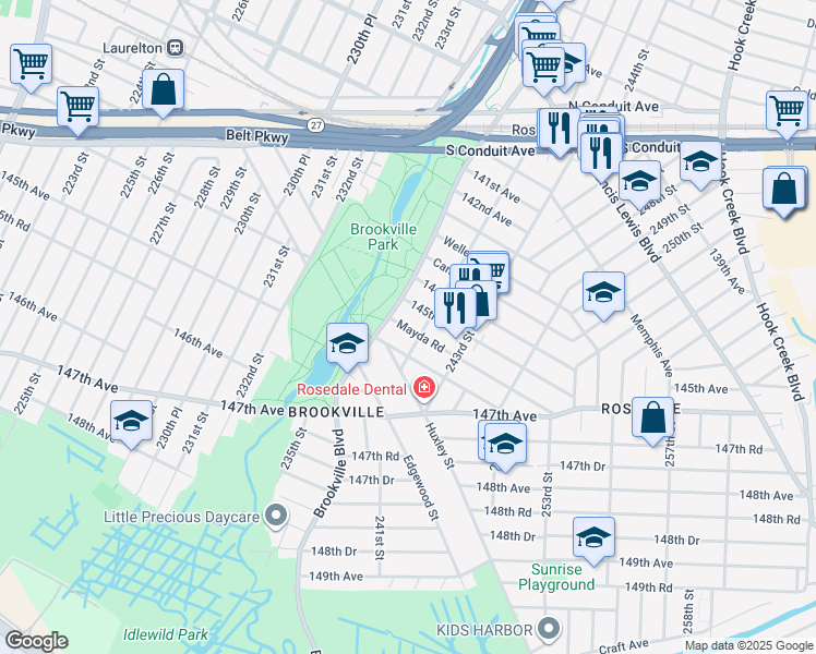 map of restaurants, bars, coffee shops, grocery stores, and more near 240-26 145th Avenue in Queens