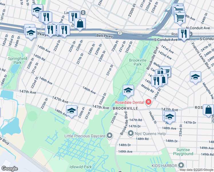map of restaurants, bars, coffee shops, grocery stores, and more near 231-20 145th Avenue in Queens