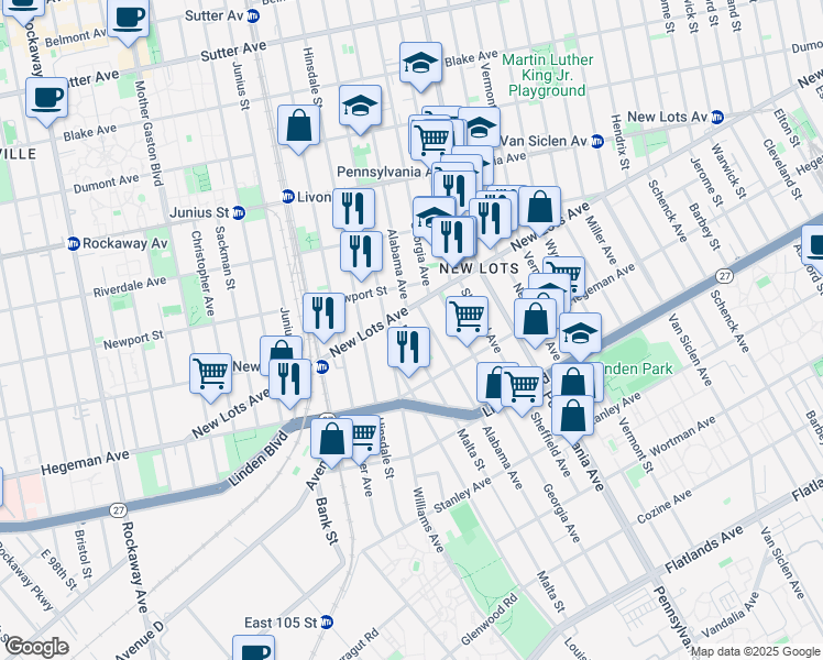 map of restaurants, bars, coffee shops, grocery stores, and more near 296 New Lots Avenue in Brooklyn