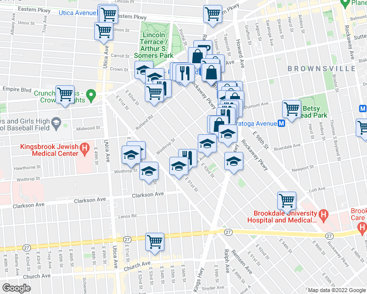 map of restaurants, bars, coffee shops, grocery stores, and more near 201 East 93rd Street in Brooklyn