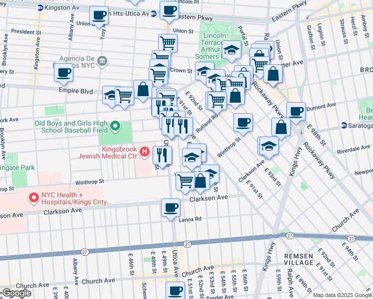 map of restaurants, bars, coffee shops, grocery stores, and more near 140 Remsen Avenue in Brooklyn