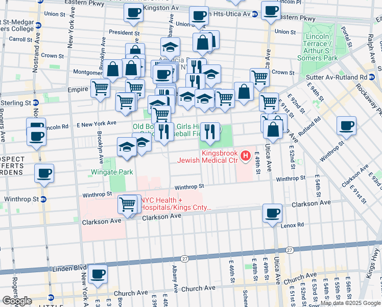 map of restaurants, bars, coffee shops, grocery stores, and more near 685 Rutland Road in Brooklyn