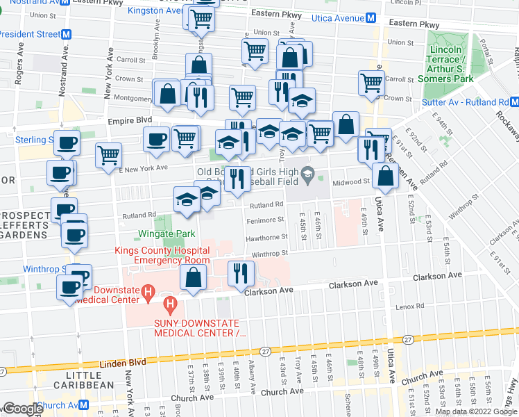 map of restaurants, bars, coffee shops, grocery stores, and more near 685 Rutland Road in Brooklyn