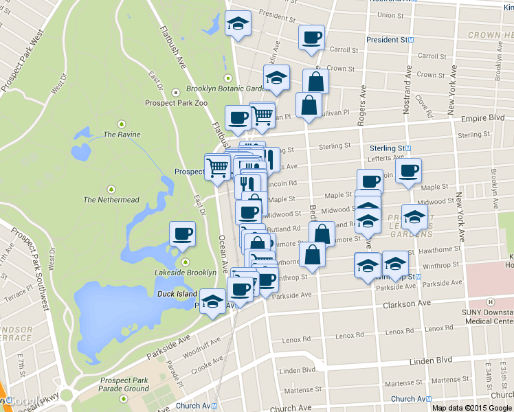 map of restaurants, bars, coffee shops, grocery stores, and more near 553 Flatbush Avenue in Brooklyn
