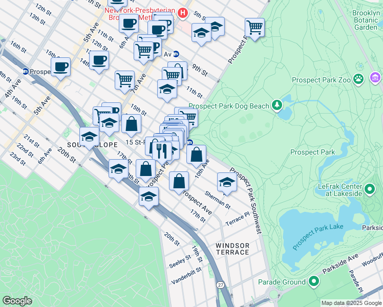 map of restaurants, bars, coffee shops, grocery stores, and more near 31 Prospect Park Southwest in Brooklyn