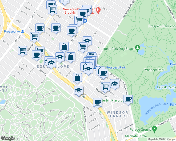 map of restaurants, bars, coffee shops, grocery stores, and more near 107 Windsor Place in Brooklyn