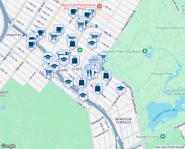 map of restaurants, bars, coffee shops, grocery stores, and more near 107 Windsor Place in Brooklyn