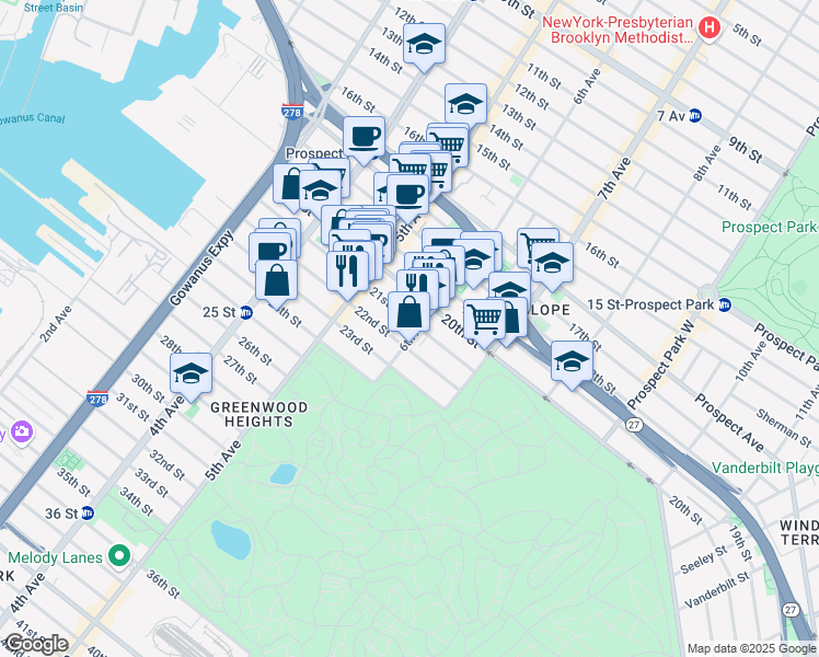 map of restaurants, bars, coffee shops, grocery stores, and more near 283 21st Street in Brooklyn