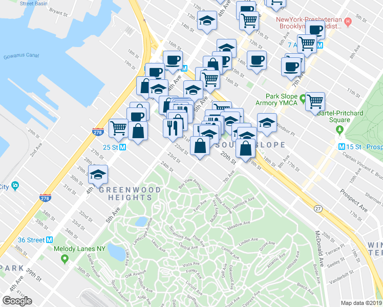 map of restaurants, bars, coffee shops, grocery stores, and more near 283 21st Street in Brooklyn
