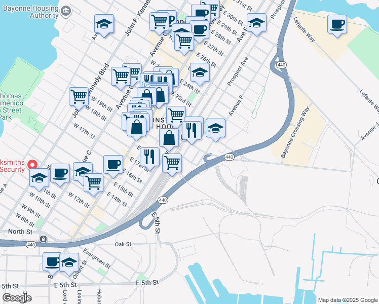 map of restaurants, bars, coffee shops, grocery stores, and more near 30 Prospect Avenue in Bayonne