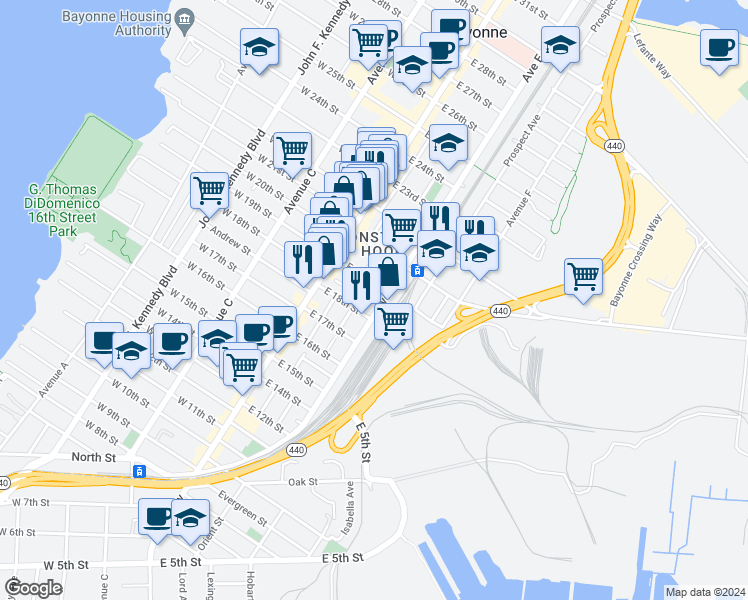 map of restaurants, bars, coffee shops, grocery stores, and more near in Bayonne