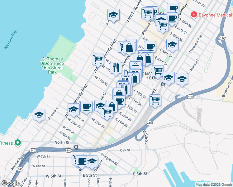 map of restaurants, bars, coffee shops, grocery stores, and more near 24 Andrew Street in Bayonne