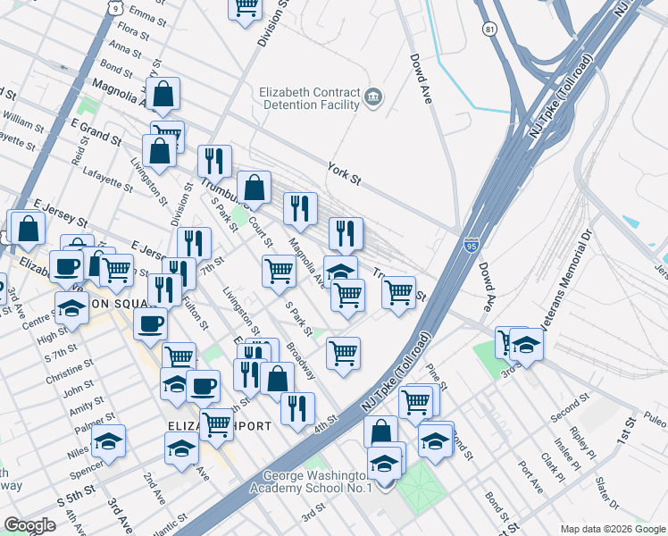 map of restaurants, bars, coffee shops, grocery stores, and more near 558-570 Trumbull Street in Elizabeth