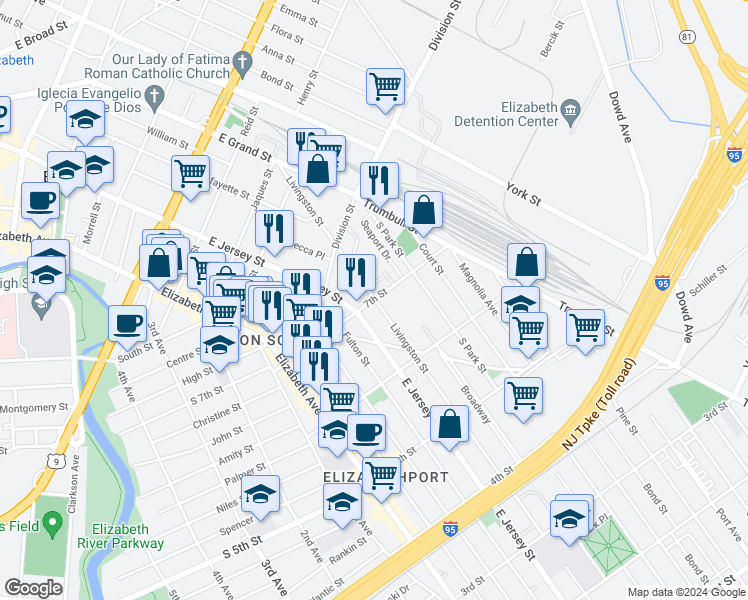 map of restaurants, bars, coffee shops, grocery stores, and more near 122 7th Street in Elizabeth