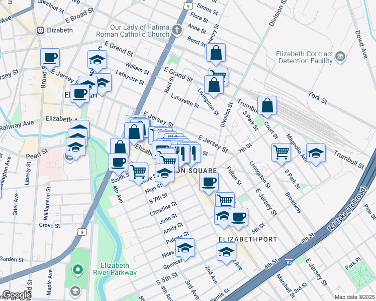 map of restaurants, bars, coffee shops, grocery stores, and more near 840 East Jersey Street in Elizabeth