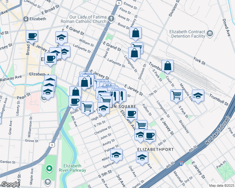 map of restaurants, bars, coffee shops, grocery stores, and more near 840 East Jersey Street in Elizabeth