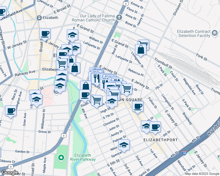 map of restaurants, bars, coffee shops, grocery stores, and more near 24 Jaques Street in Elizabeth