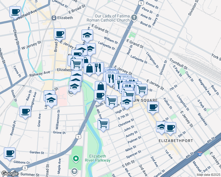map of restaurants, bars, coffee shops, grocery stores, and more near 943 Elizabeth Avenue in Elizabeth