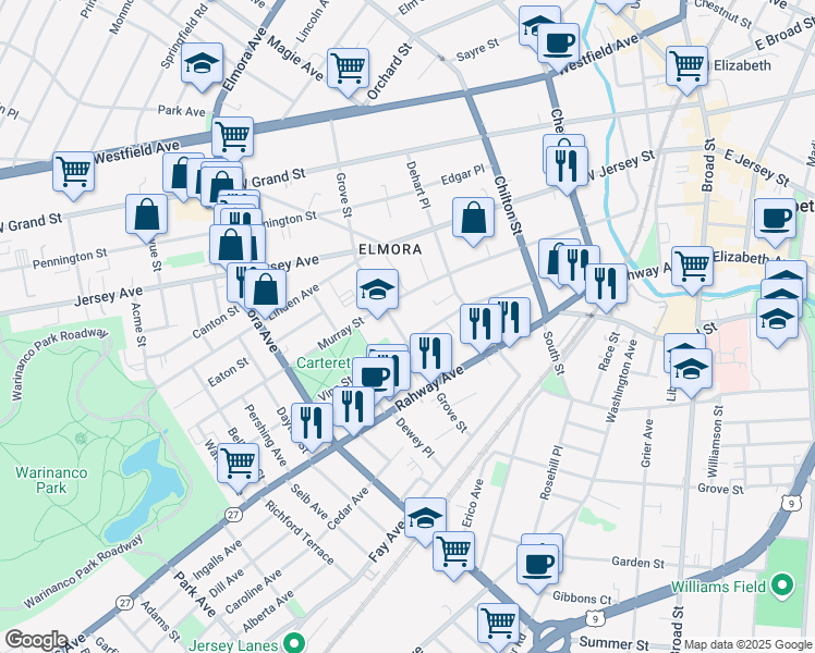 map of restaurants, bars, coffee shops, grocery stores, and more near 333 Vine Street in Elizabeth