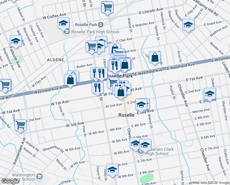 map of restaurants, bars, coffee shops, grocery stores, and more near 128 West 1st Avenue in Roselle