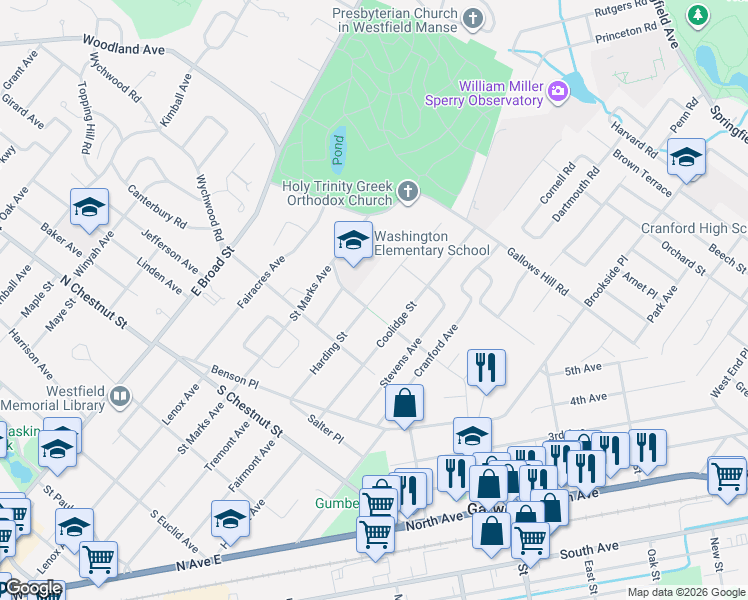 map of restaurants, bars, coffee shops, grocery stores, and more near 917 Harding Street in Westfield