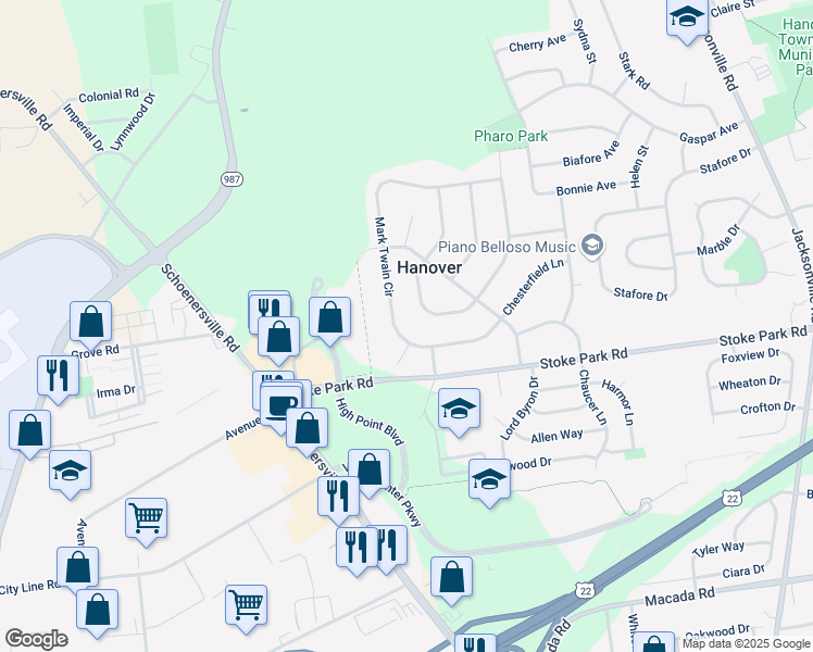 map of restaurants, bars, coffee shops, grocery stores, and more near 1847 Mark Twain Circle in Bethlehem