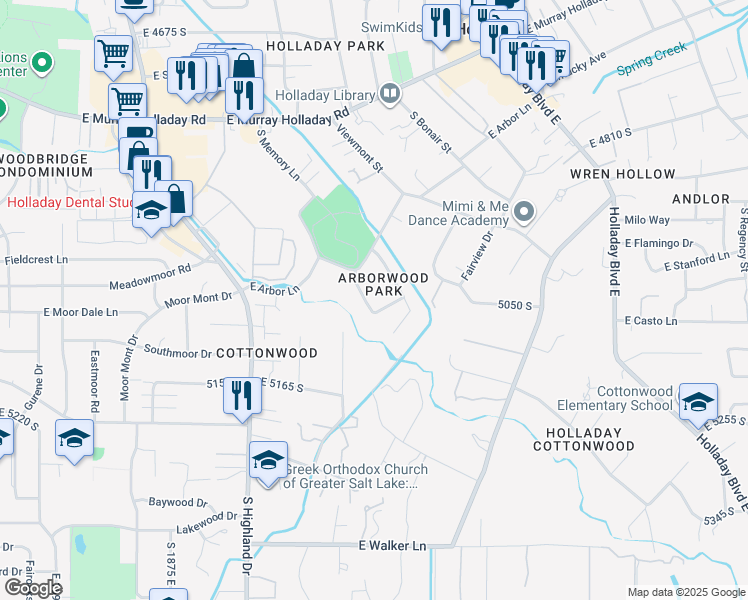 map of restaurants, bars, coffee shops, grocery stores, and more near 4999 South Fairbrook Lane in Holladay