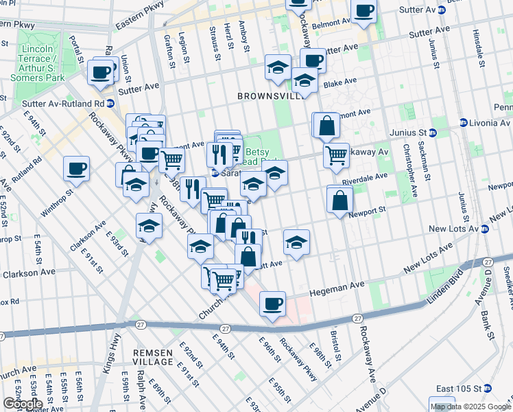 map of restaurants, bars, coffee shops, grocery stores, and more near 76 Riverdale Avenue in Brooklyn