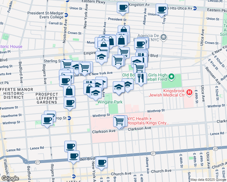 map of restaurants, bars, coffee shops, grocery stores, and more near 505 Rutland Road in Brooklyn