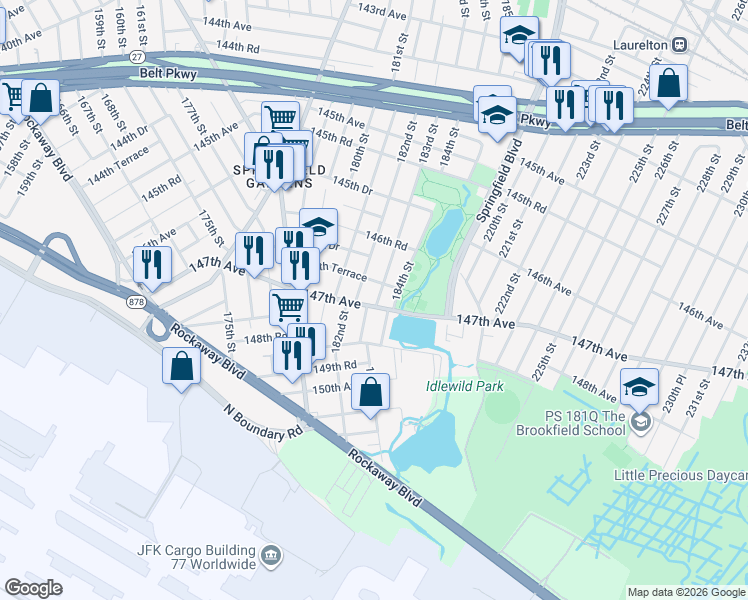 map of restaurants, bars, coffee shops, grocery stores, and more near 183-02 146th Terrace in Queens