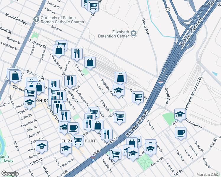 map of restaurants, bars, coffee shops, grocery stores, and more near 601 Magnolia Avenue in Elizabeth