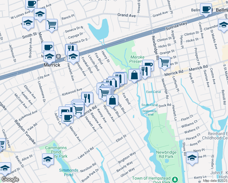 map of restaurants, bars, coffee shops, grocery stores, and more near 139 Lincoln Boulevard in Merrick