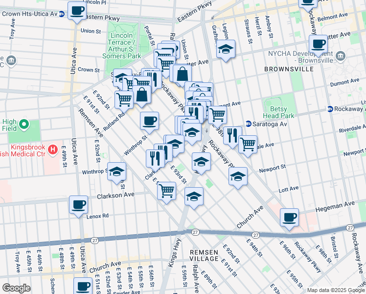 map of restaurants, bars, coffee shops, grocery stores, and more near Clarkson Ave & E 95th St in Brooklyn