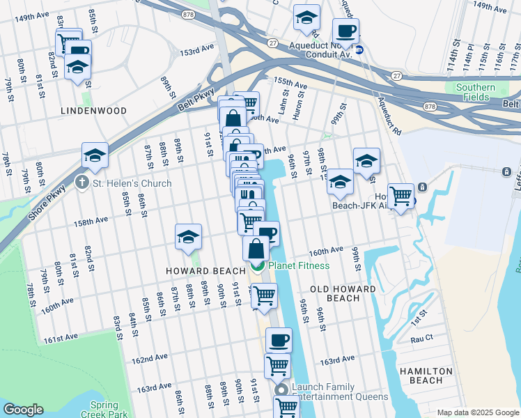 map of restaurants, bars, coffee shops, grocery stores, and more near 158-14 95th Street in Queens