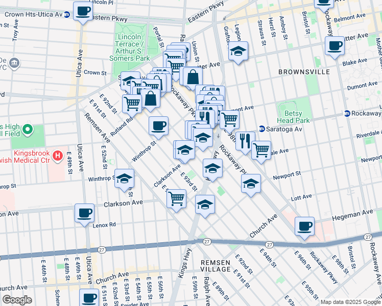 map of restaurants, bars, coffee shops, grocery stores, and more near 9517 Kings Highway in Brooklyn