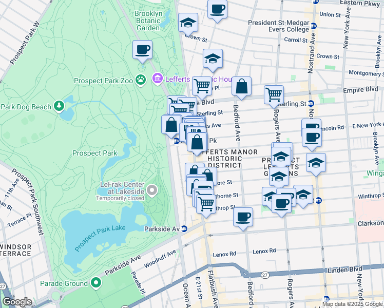 map of restaurants, bars, coffee shops, grocery stores, and more near 553 Flatbush Avenue in Brooklyn