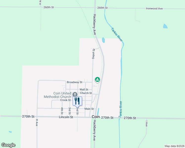 map of restaurants, bars, coffee shops, grocery stores, and more near Depot Street in Coin