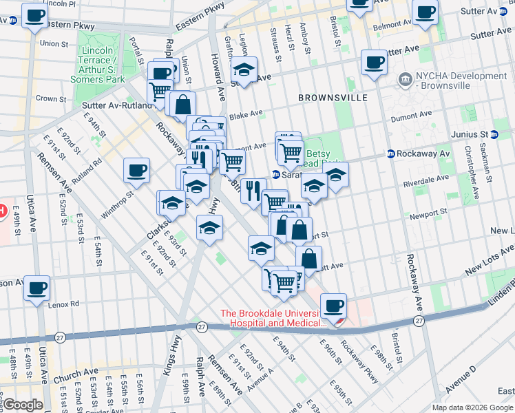 map of restaurants, bars, coffee shops, grocery stores, and more near 313 Grafton Street in Brooklyn