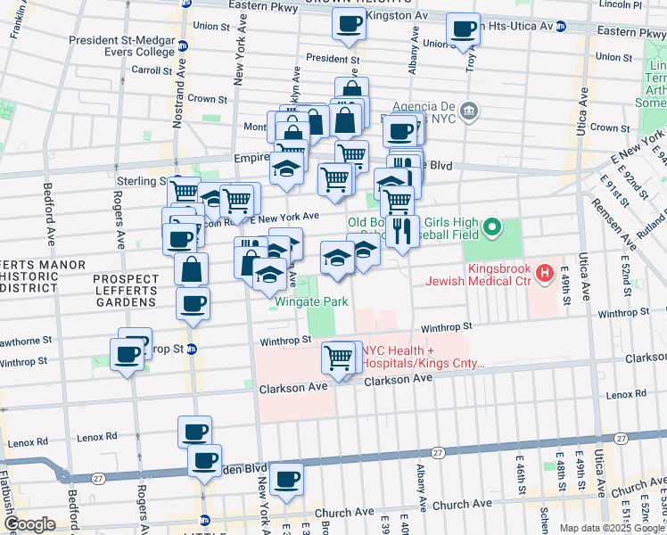 map of restaurants, bars, coffee shops, grocery stores, and more near 525 Rutland Road in Brooklyn